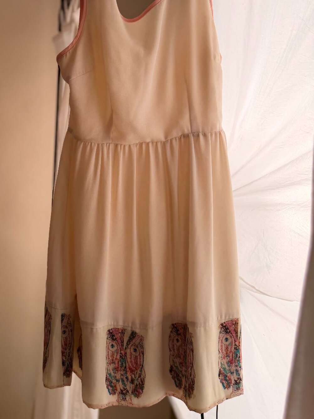 Whimsical Owl Border Print Fit & Flare Dress Cream Pink Trim Sleeveless
